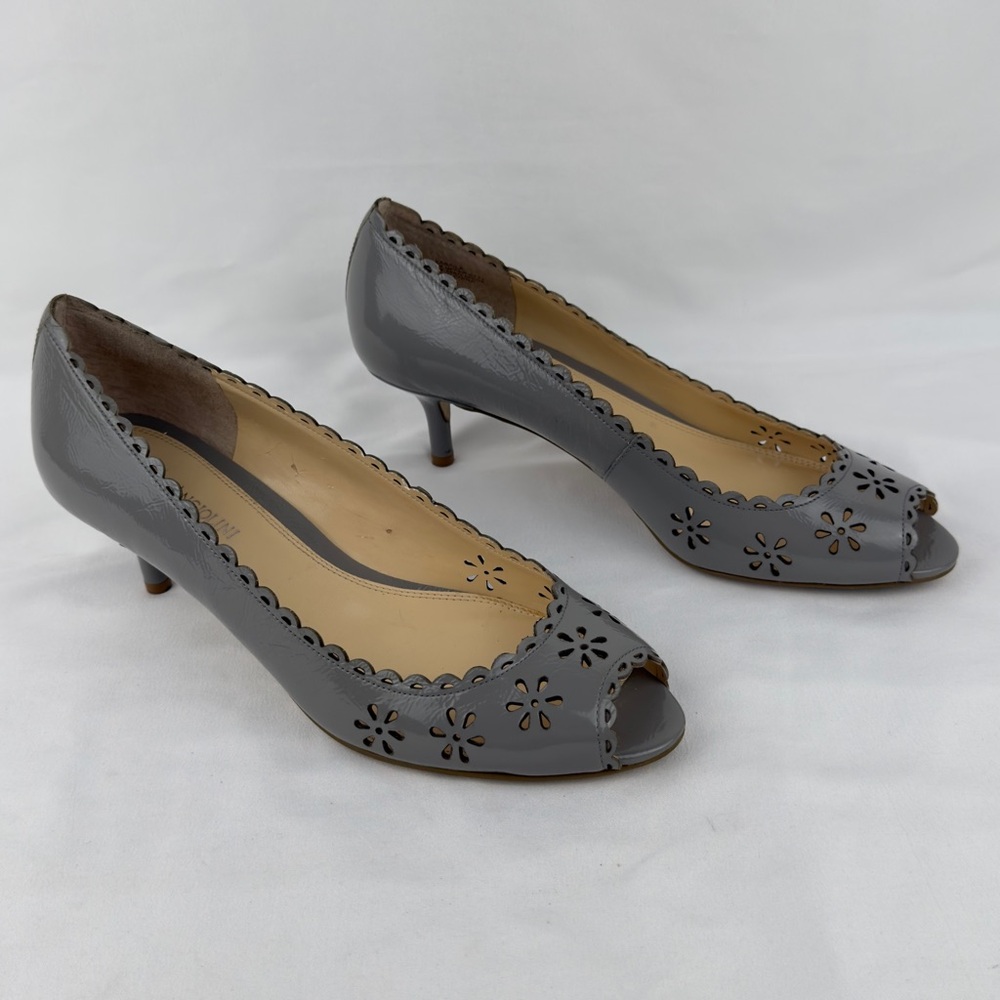 Dove Gray Peep Toe Kitten Heel Pumps Sz 8.5 Enzo Angiolini Floral Eyelet